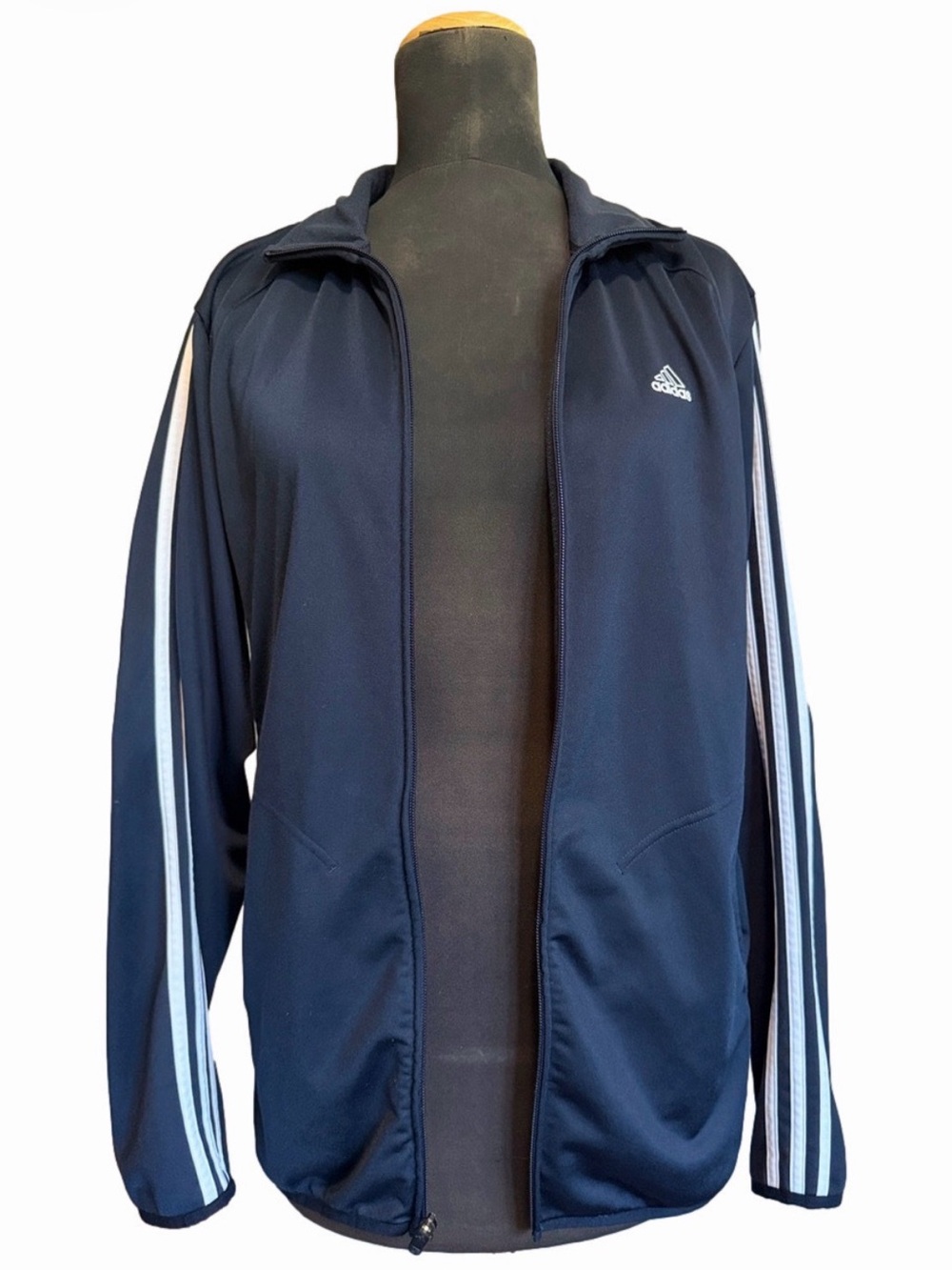 Adidas Navy Jacket with White Stripes, Ladies Size M